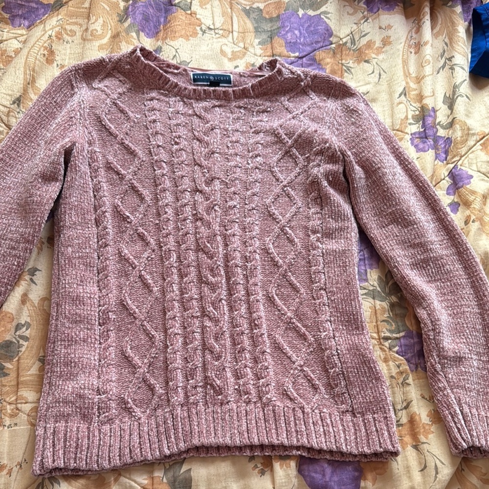 Karen Scott Pink Crew Neck Cable Knit Sweater